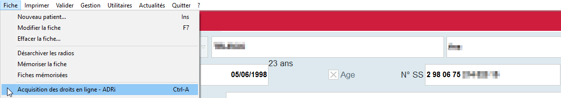 Depuis la fiche patient, ouvrez le menu Fiche > Acquisition des droits en ligne - ADRi (Ctrl+A), puis saisissez votre code CPS/CPE