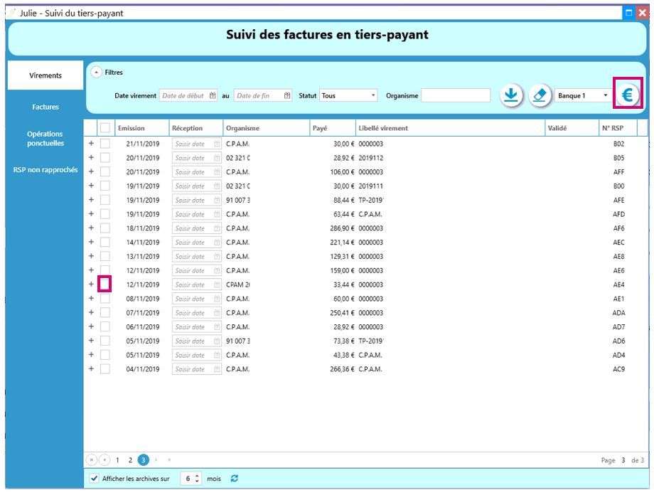 Cochez la ligne de la facture, puis cliquez sur le bouton € pour l'encaisser : une écriture est générée dans la comptabilité