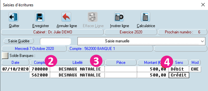 Indiquez le sens des écritures : le compte banque (ligne 1) au crédit, le compte patient (ligne 2) au débit. La colonne Mod se remplit avec « CHE » (chèque)